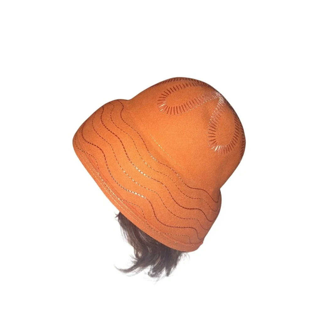 Vintage Union Made 60s 70s Fall Orange Floral Stitched Wool Bucket Style Hat‎